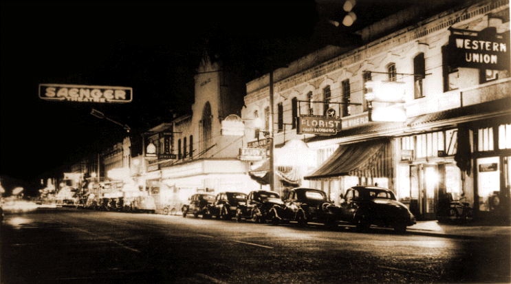 Palafox Street & the Pensacola Saenger at night, ca. 1947